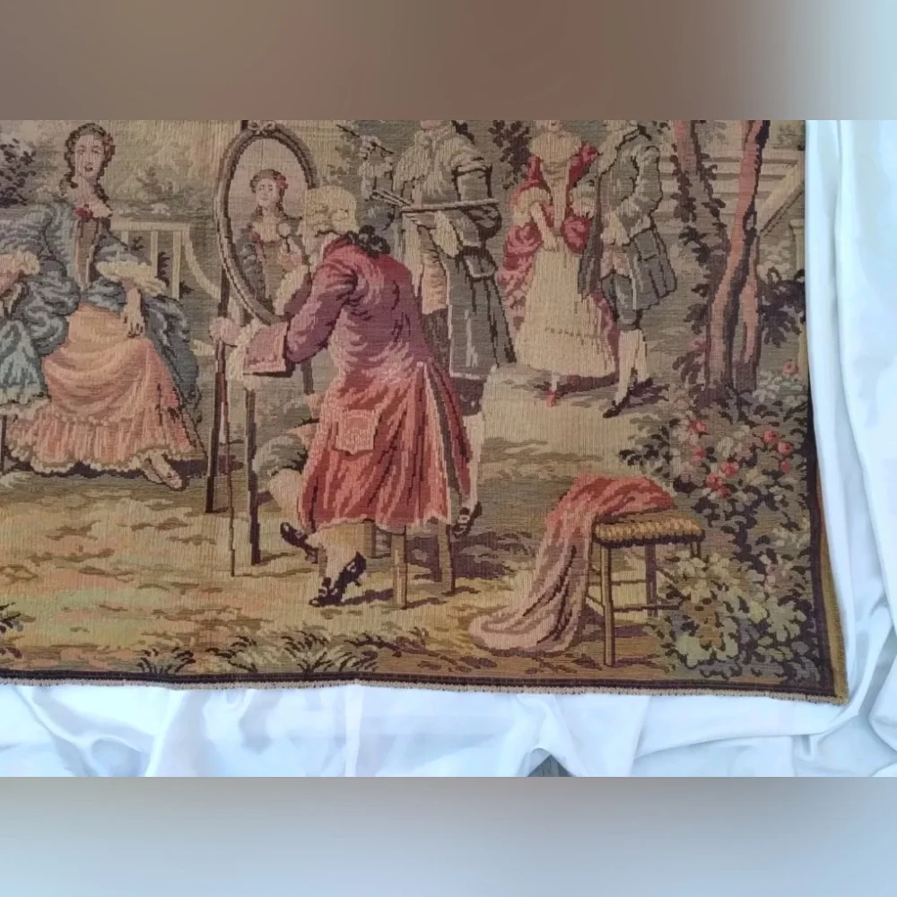 Antique Woven Tapestry Wall Hanging Romantic Baroque Painting Scene Belgium Wool